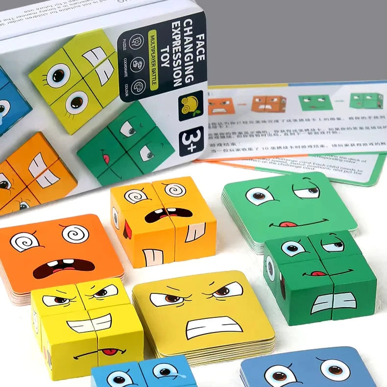 Cubo Cambia Caras: Juego de Expresiones y Rompecabezas de Madera