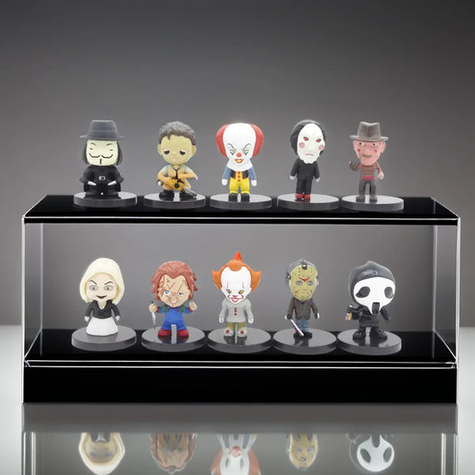 Set de 10 Figuras – Clásicos del Cine de Terror | Jason, Freddy, Chucky, V de Vendetta y más | 5.5 cm