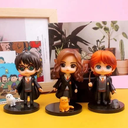 Set de 3 Figuras de Harry Potter, Ron Weasley y Hermione Granger con Mascotas