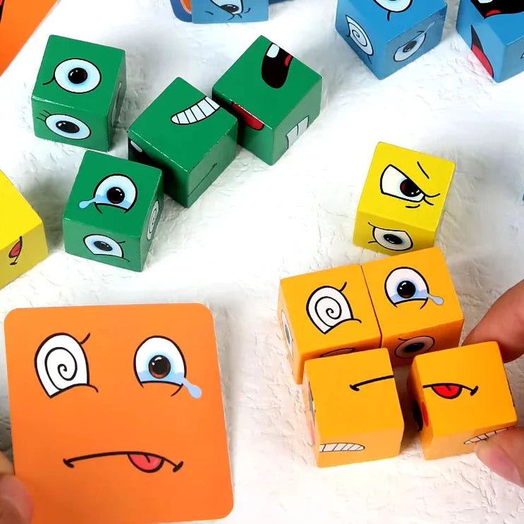 Cubo Cambia Caras: Juego de Expresiones y Rompecabezas de Madera Montessori