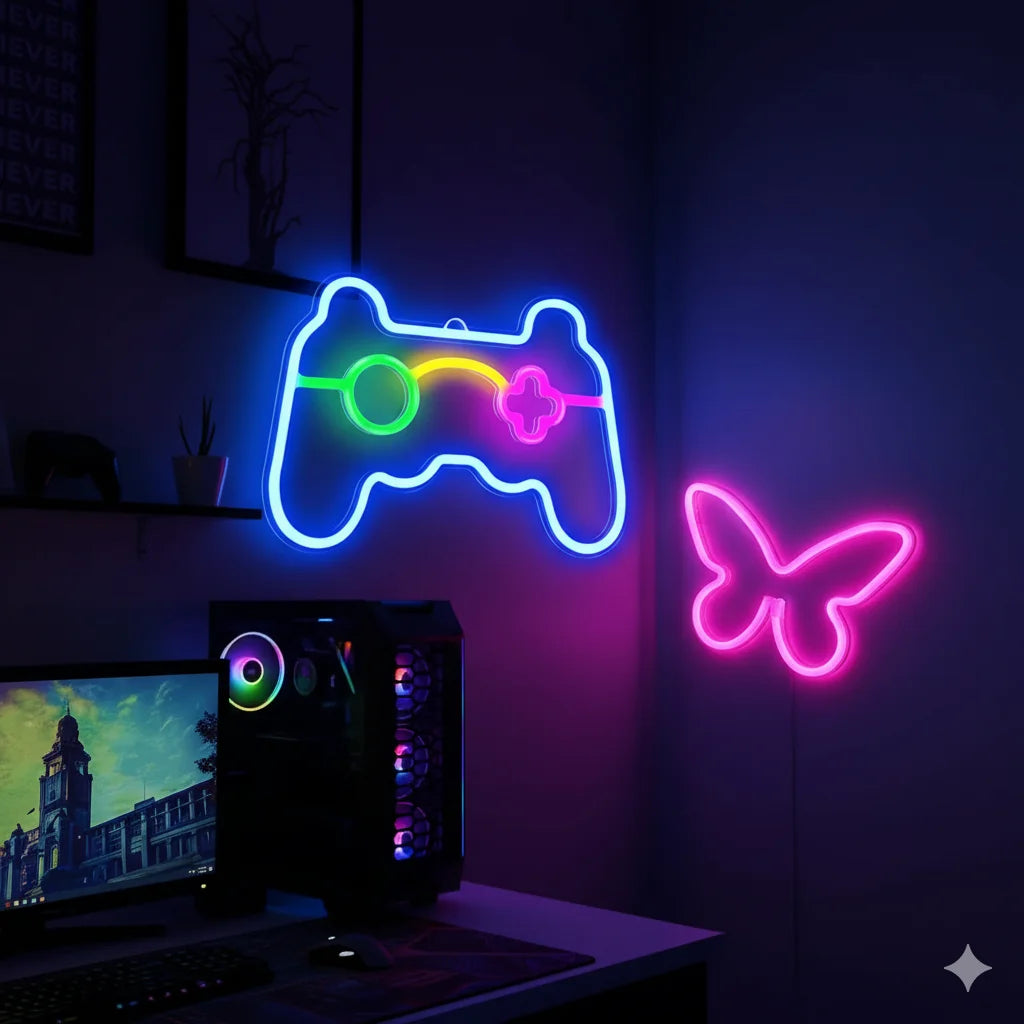 Luces de Neón Decorativas LED, Formas de Joystick y Mariposa.