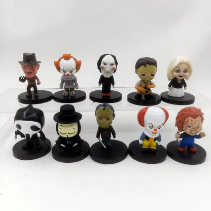 Set de 10 Figuras – Clásicos del Cine de Terror | Jason, Freddy, Chucky, V de Vendetta y más | 5.5 cm