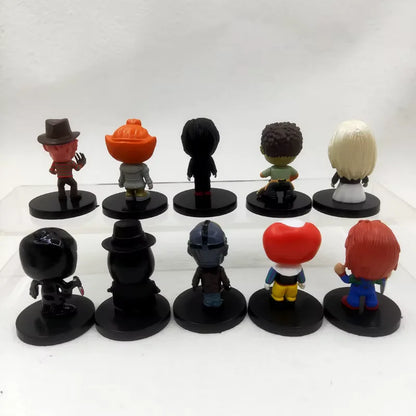 Set de 10 Figuras – Clásicos del Cine de Terror | Jason, Freddy, Chucky, V de Vendetta y más | 5.5 cm