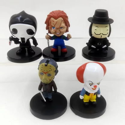 Set de 10 Figuras – Clásicos del Cine de Terror | Jason, Freddy, Chucky, V de Vendetta y más | 5.5 cm