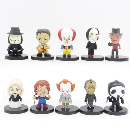 Set de 10 Figuras – Clásicos del Cine de Terror | Jason, Freddy, Chucky, V de Vendetta y más | 5.5 cm